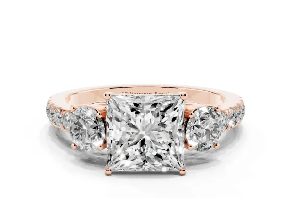 Princess Cut Cut Diamond Three-Stone Ring with Round Side Stones and Pavé Band Rose gold
