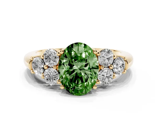 Fancy Green Oval Cut Cut Diamond Cluster Ring with Round Accent Stones and Prong Setting on a Classic Band Yellow gold