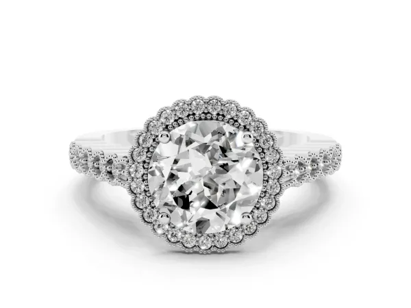 Round Cut Cut Halo Pavé Solitaire Ring with Milgrain Band White gold