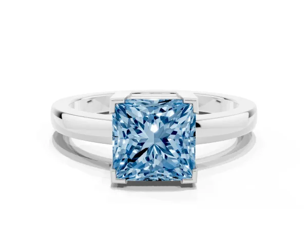 Fancy Blue Princess Cut Cut Solitaire Ring with Four-Prong Setting and Classic Band Platinum