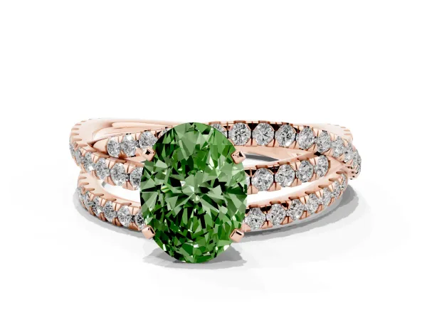 Fancy Green Oval Cut Solitaire Twist Band with Pavé Setting and Four-Prong Setting Rose gold