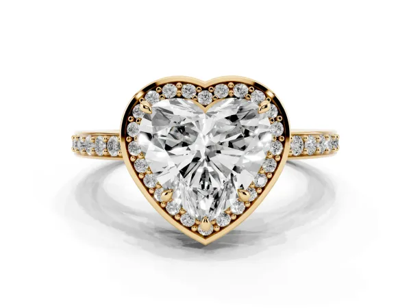 Heart Cut Halo Pave Band Solitaire Ring with Prong Setting Yellow gold