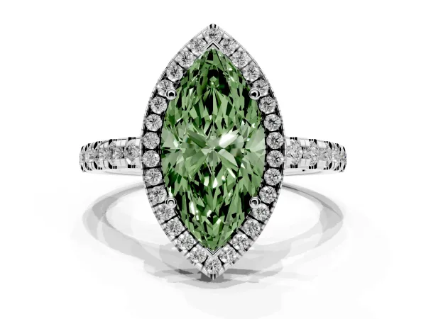 Fancy Green Marquise Cut Diamond Halo Ring with Pavé Band and Four-Prong Setting Platinum