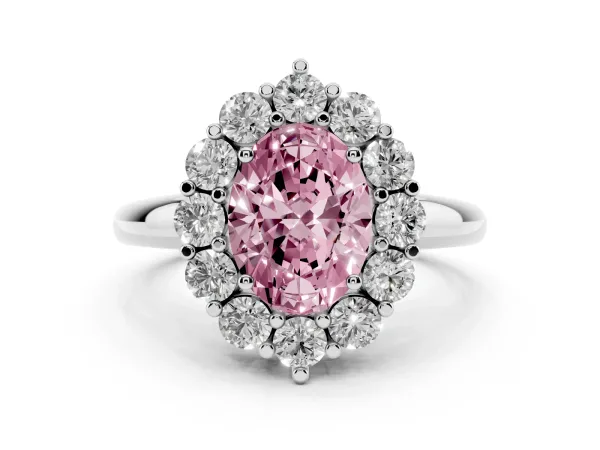 Fancy Pink Oval Cut Halo Cluster Diamond Engagement Ring with Prong Setting and Polished Band Platinum