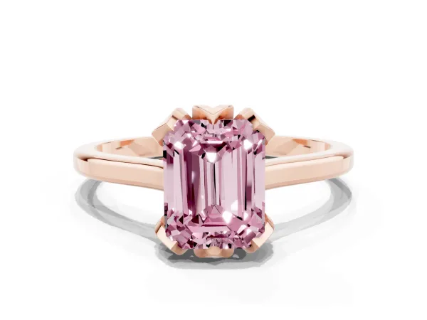 Fancy Pink Emerald Cut Diamond Solitaire Ring with Flower Prong Setting and Classic Band Rose gold