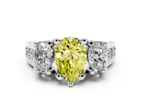 Fancy Yellow Pear Cut Diamond Three-Stone Ring with Channel Set Band and Four-Prong Setting White gold