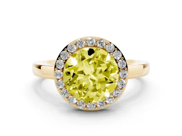 Fancy Yellow Round Cut Halo Diamond Ring with Solitaire Band and Prong Setting Yellow gold