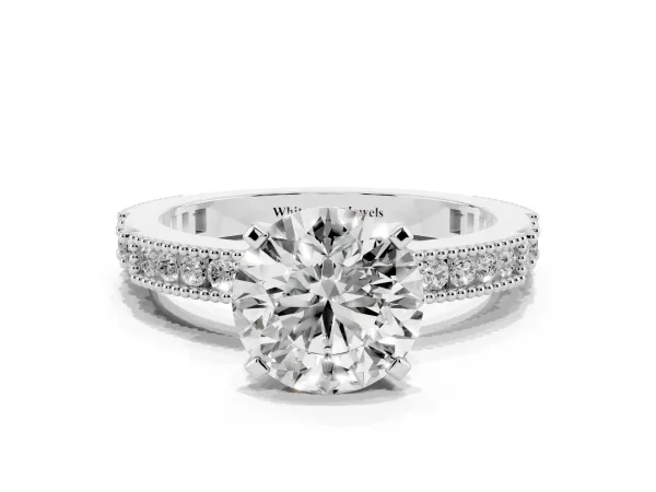 Round Cut Solitaire with Pavé Band and Four-Prong Setting Platinum