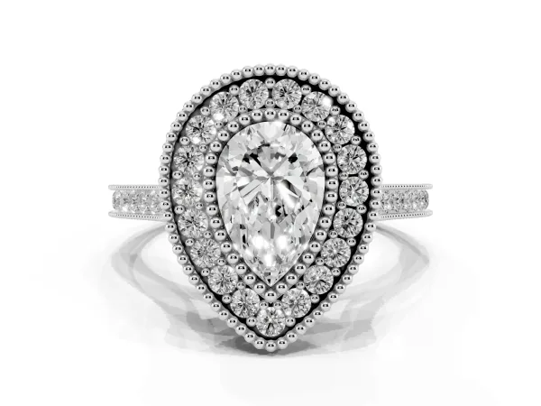 Pear Cut Diamond Halo Ring with Milgrain Frame and Pavé Band Platinum