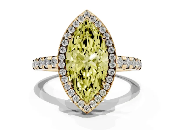 Fancy Yellow Marquise Cut Diamond Halo Ring with Pavé Band and Four-Prong Setting Yellow gold