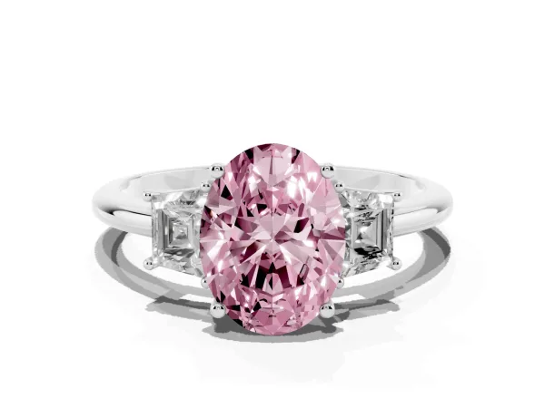 Fancy Pink Oval Cut Diamond Three-Stone Ring with Trapezoid Side Stones and Prong Setting Platinum