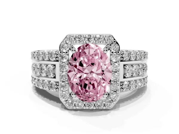 Fancy Pink Oval Cut Halo Diamond Ring with Round Split Shank and Prong Setting White gold