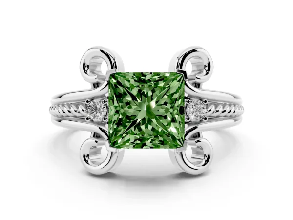 Fancy Green Princess Cut Solitaire Twisted Band Scroll Prong Ring Platinum