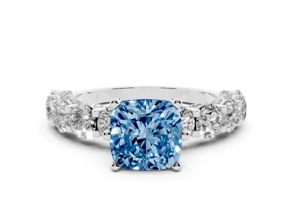 Fancy Blue Cushion Cut Diamond Side Stone Engagement Ring with Four-Prong Setting Platinum