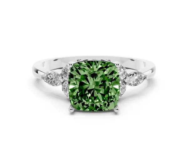 Fancy Green Cushion Cut Brilliant Diamond Solitaire Ring with Pear Side Stones and Four-Prong Setting White gold