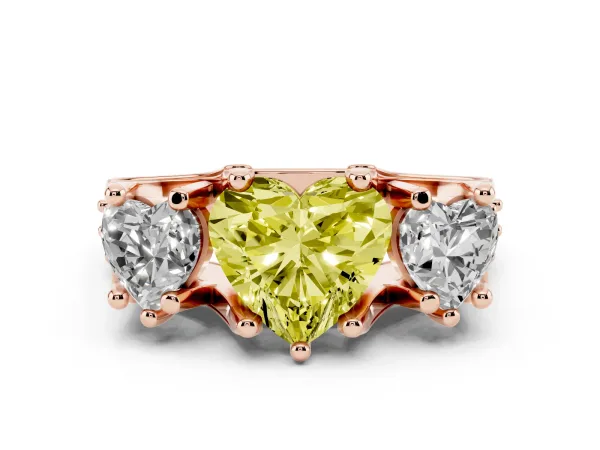 Fancy Yellow Heart Cut Diamond Three-Stone Ring with Channel Set Band and Four-Prong Setting Rose gold