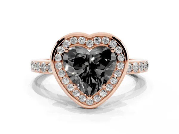 Fancy Black Heart Cut Diamond Halo Ring with Bezel Frame and Pavé Band Rose gold