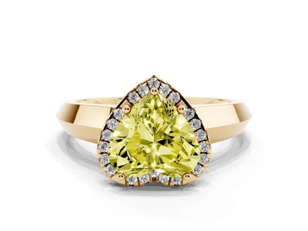 Fancy Yellow Heart Cut Halo Diamond Ring with Cathedral Band and Four-Prong Setting Yellow gold
