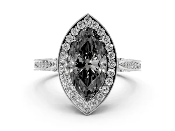 Fancy Black Marquise Cut Halo Diamond Engagement Ring with Split Shank Band and Four-Prong Setting Platinum