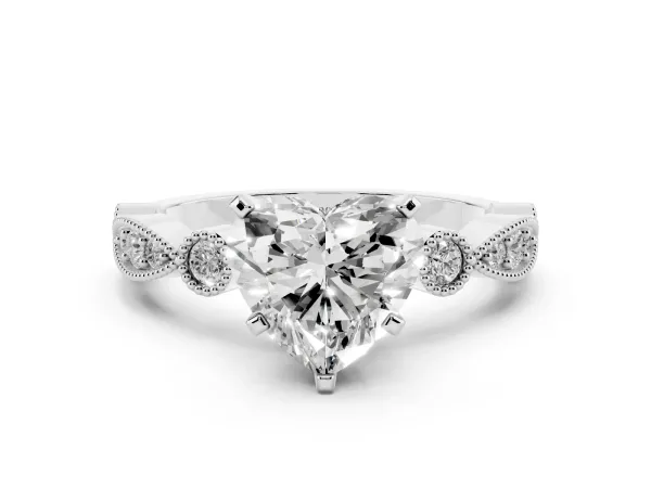 Heart Cut Milgrain Bezel Diamond Engagement Ring with Solitaire Prong Setting White gold