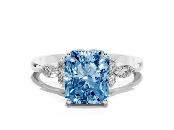 Fancy Blue Radiant Cut Brilliant Diamond Solitaire Ring with Pear Side Stones and Four-Prong Setting Platinum