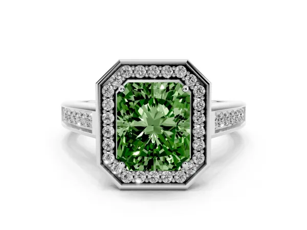 Fancy Green Emerald Cut Halo Solitaire Diamond Ring with Pave Band and Bezel Setting Platinum