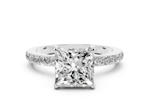 Princess Cut Diamond Solitaire Engagement Ring with Pavé Band and Four-Prong Setting Platinum