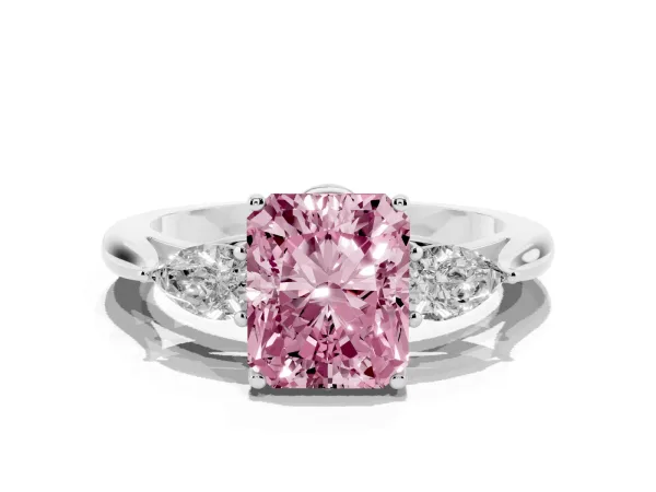 Fancy Pink Radiant Cut Diamond Three-Stone Ring with Pear Side Stones and Prong Setting White gold