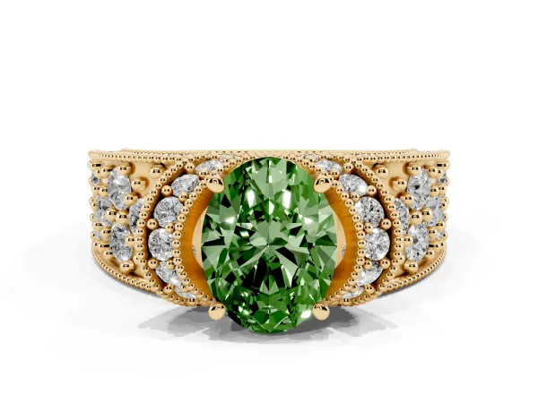 Fancy Green Oval Cut Halo Pave Diamond Engagement Ring with Milgrain Detailing Yellow gold