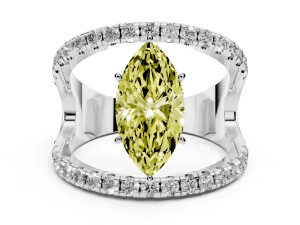 Fancy Yellow Marquise Cut Solitaire Split Shank Pave Diamond Ring Platinum