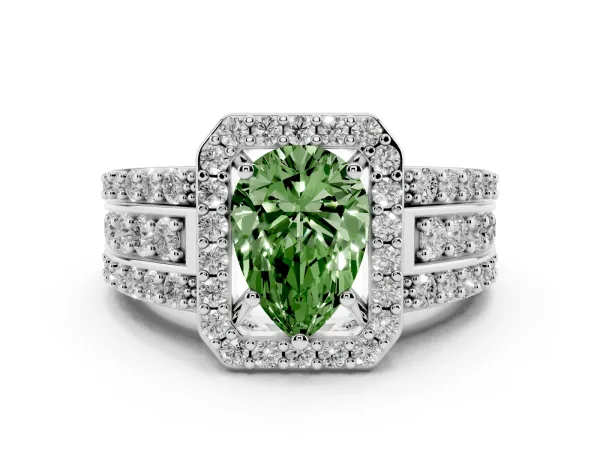 Fancy Green Pear Cut Halo Diamond Ring with Round Split Shank and Prong Setting Platinum