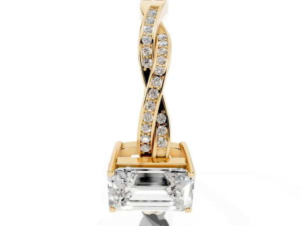 Emerald Cut Solitaire Twisted Pave Diamond Ring with Four-Prong Setting Yellow gold