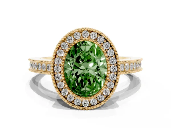 Fancy Green Oval Cut Cut Halo Diamond Ring with Pavé Band and Milgrain Prong Setting Yellow gold