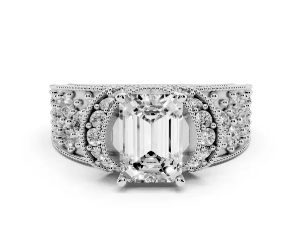Emerald Cut Halo Pave Diamond Engagement Ring with Milgrain Detailing Platinum