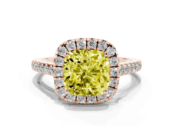 Fancy Yellow Cushion Cut Halo Pave Diamond Engagement Ring with Four-Prong Setting Rose gold