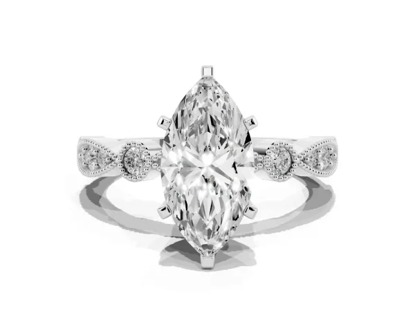 Marquise Cut Milgrain Bezel Diamond Engagement Ring with Solitaire Prong Setting White gold