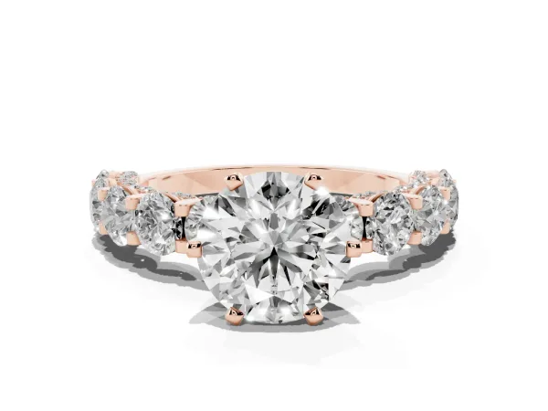 Round Cut Diamond Side Stone Engagement Ring with Four-Prong Setting Rose gold