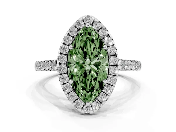 Fancy Green Marquise Cut Halo Pave Diamond Engagement Ring with Four-Prong Setting Platinum
