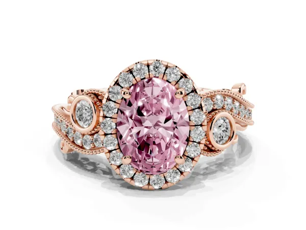 Fancy Pink Oval Cut Diamond Halo Ring with Milgrain Pavé Band and Four-Prong Setting Rose gold