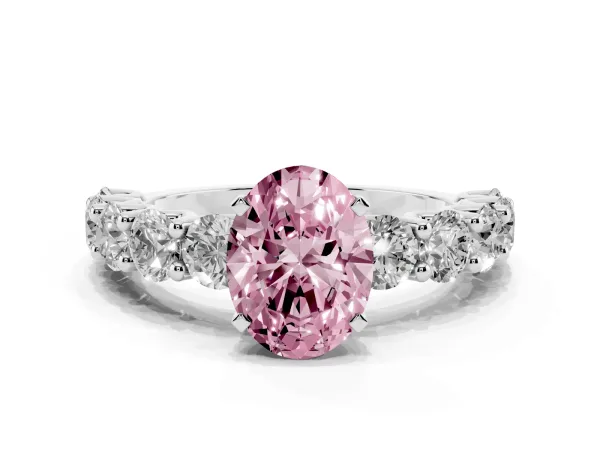 Fancy Pink Oval Cut Diamond Prong Setting with Side Stones on a Pave Band Platinum