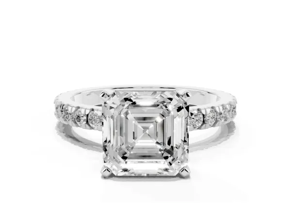 Asscher Cut Diamond Pavé Band Solitaire with Four-Prong Setting White gold