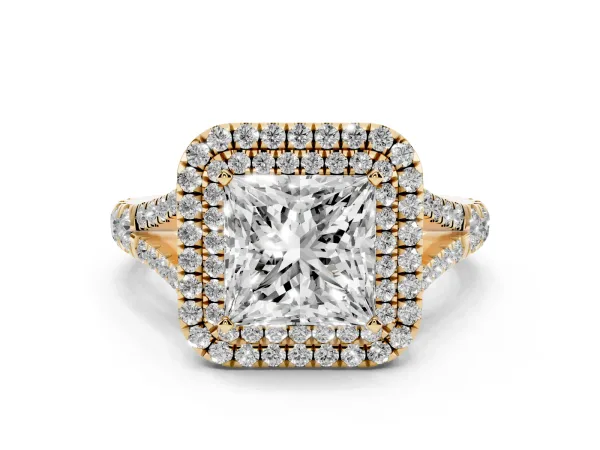 Princess Cut Diamond Double Halo Ring with Split Shank and Prong Setting Yellow gold