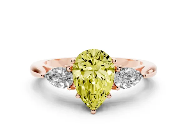 Fancy Yellow Three-Stone Pear Cut Brilliant Diamond Solitaire Ring with Tapered Band and Four-Prong Setting Rose gold