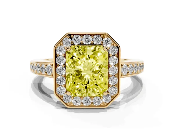 Fancy Yellow Radiant Cut Halo Pavé Diamond Engagement Ring with Bezel Setting Yellow gold