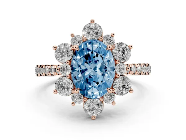 Fancy Blue Oval Cut Diamond Floral Halo Ring with Round Pavé Band and Prong Setting Rose gold