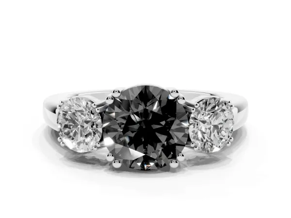 Fancy Black Three-Stone Round Cut Cut Diamond Ring with Channel Set Band and Four-Prong Setting Platinum