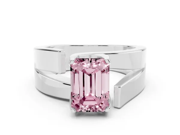 Fancy Pink Modern Tension Set Emerald Cut Diamond Solitaire Wide Band Ring Platinum