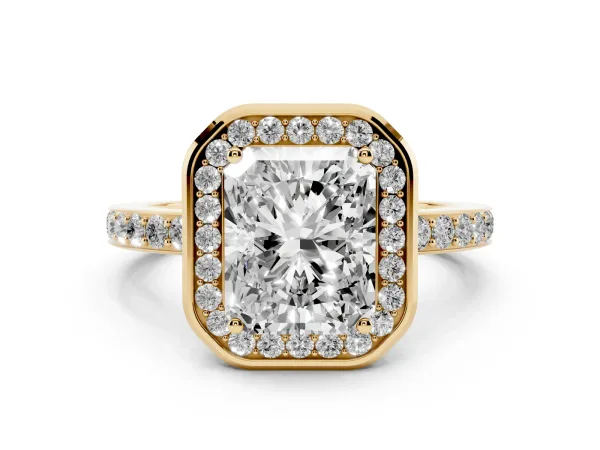 Radiant Cut Diamond Halo Ring with Bezel Frame and Pavé Band Yellow gold