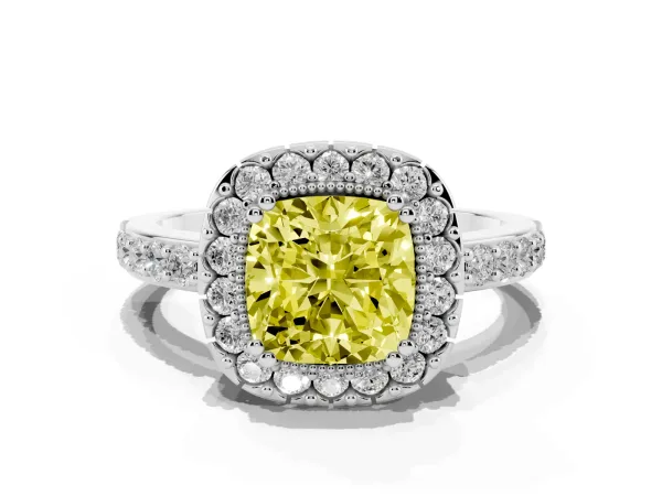 Fancy Yellow Cushion Cut Diamond Halo Ring with Pavé Band and Prong Setting White gold