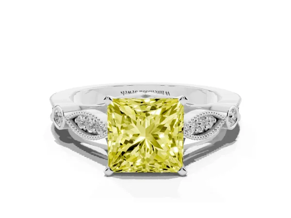 Fancy Yellow Princess Cut Cut Diamond with Milgrain Marquise and Bezel Accents on a Solitaire Band with Prong Setting White gold